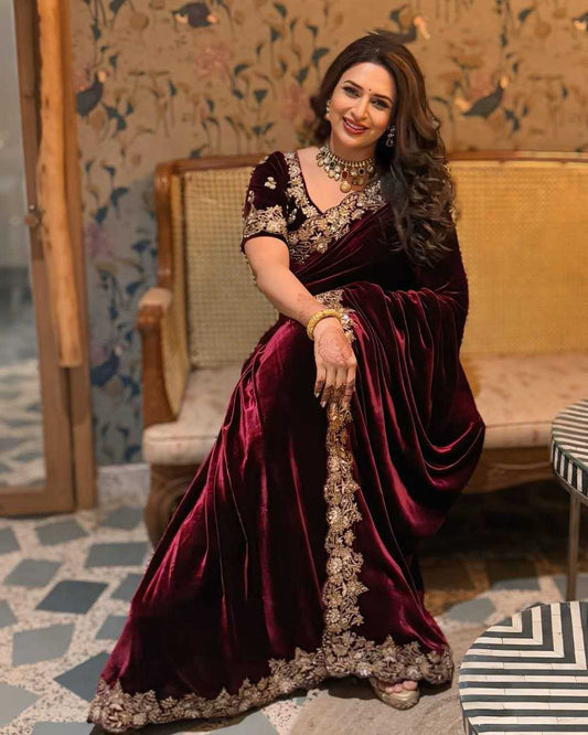 Divyanka Tripathi Inspired Designer Velvet Saree with Embroidery & Cutwork Border | Pure 9000 Velvet