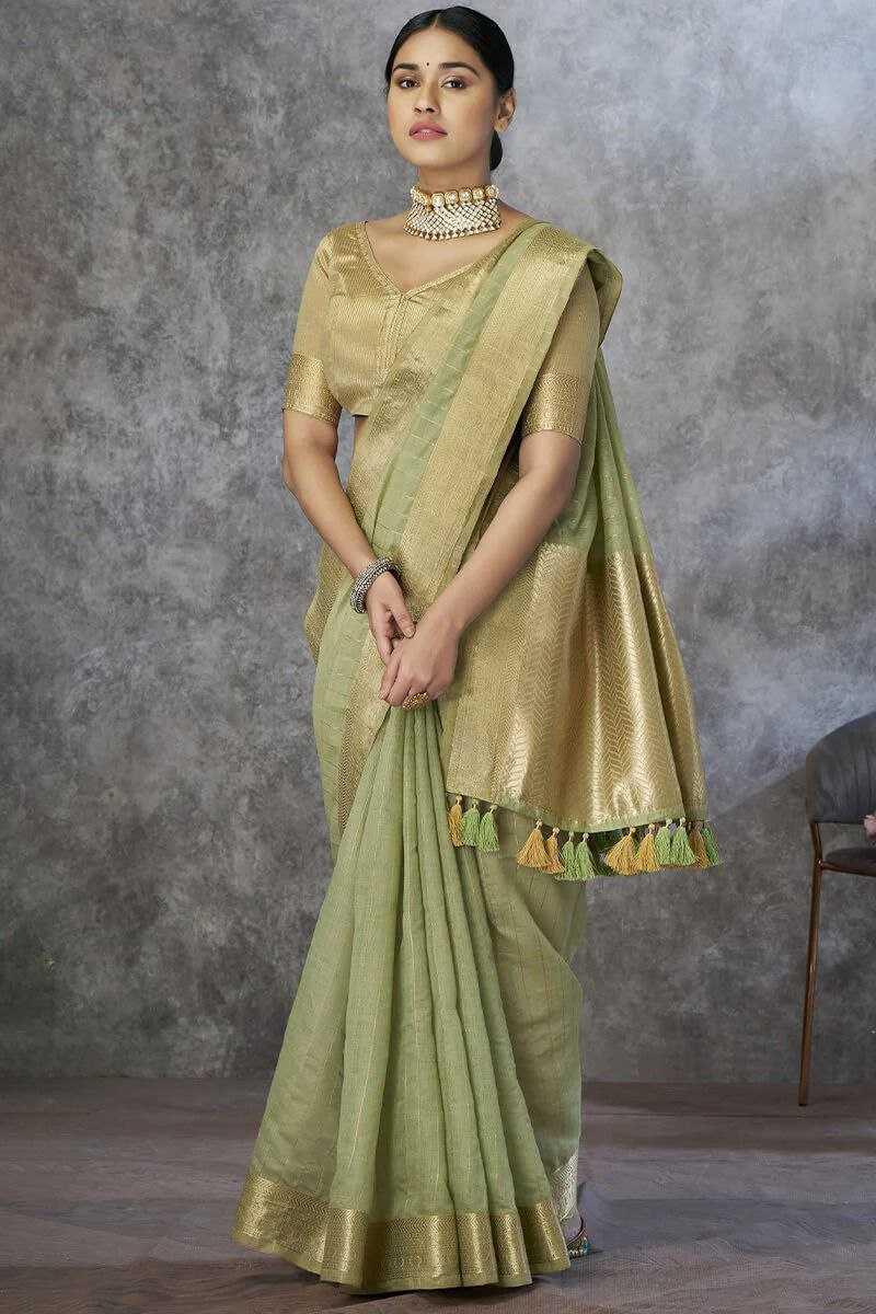 Pista Pure Khadi Cotton Handloom Saree with Rich Pallu & Tassel Detailing | Designer Traditional Saree - House of ViDi