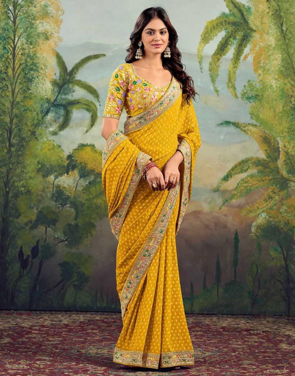 Yellow Printed Georgette Saree with Embroidery Lace Border & Designer Blouse - House of ViDi