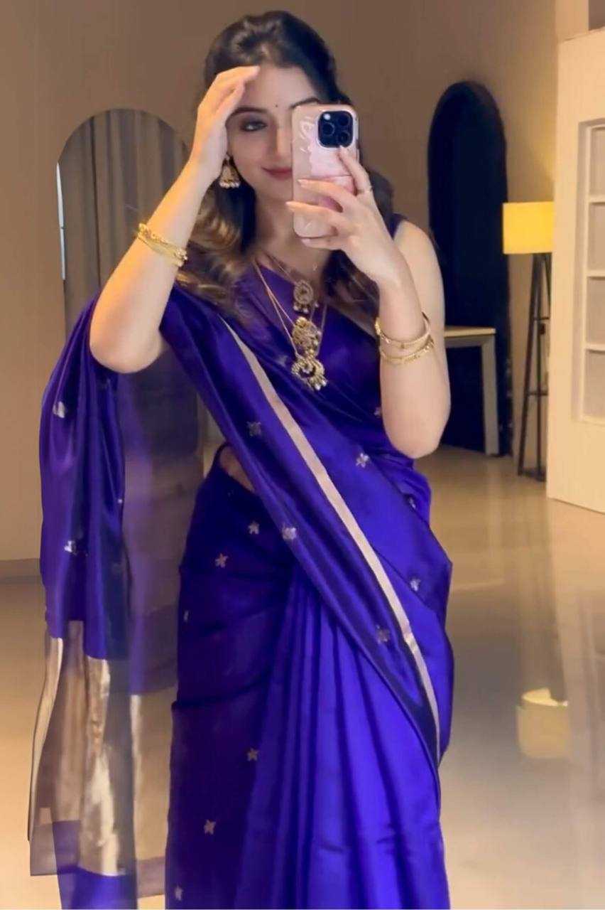 Soft Lichi Silk Saree with Full Jacquard Weaving & Opulent Pallu – Contrast Blouse with Jacquard Border - House of ViDi