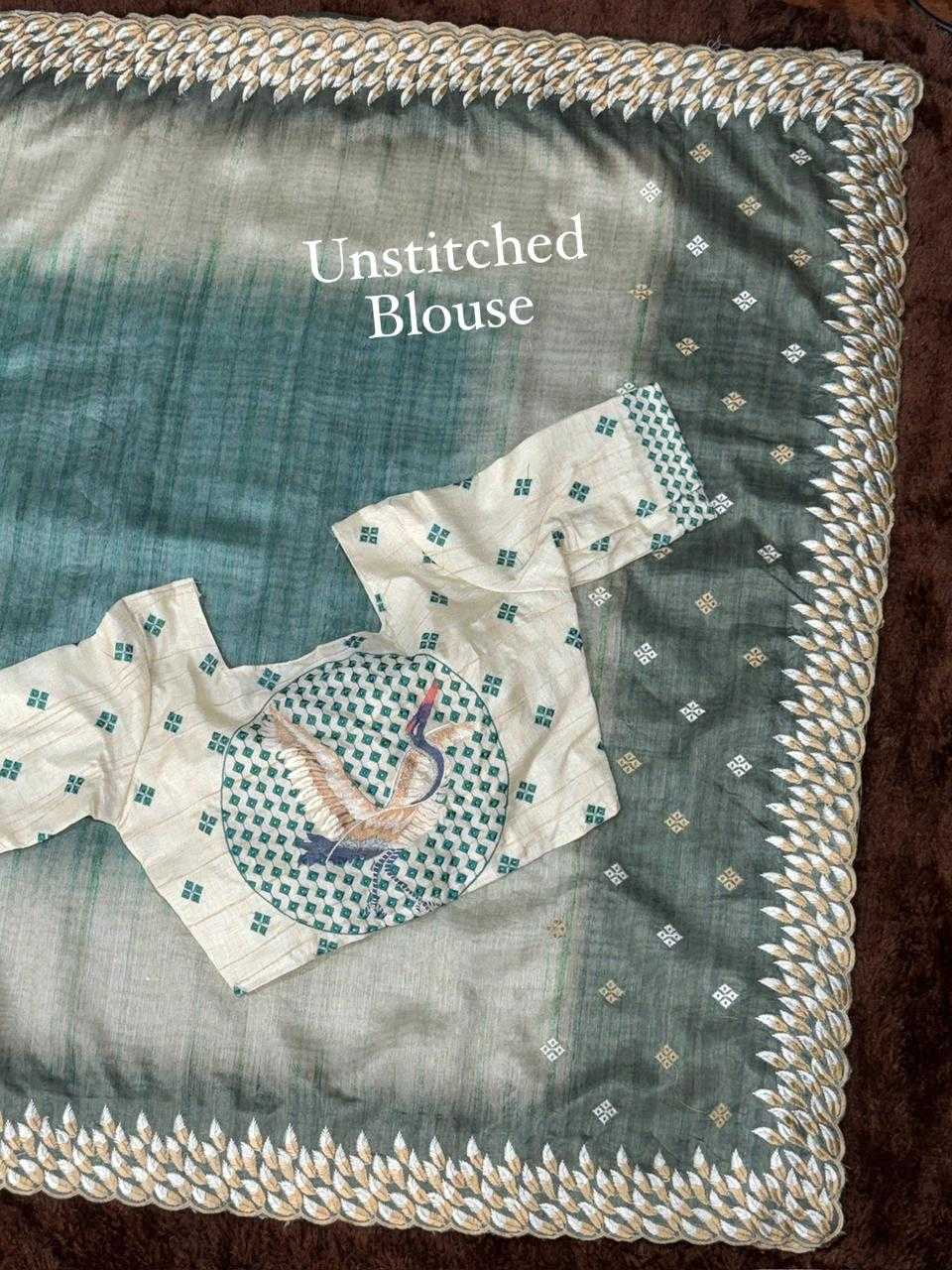 Gray Flamingo Embroidered Tussar Silk Designer Saree with Digital Print & Thread Work Blouse | House of ViDi