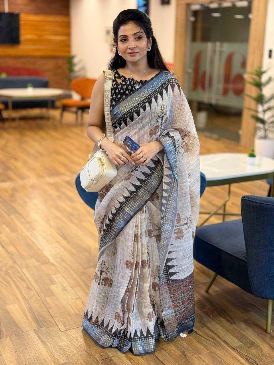 Grey Soft Linen Jari Border Saree with Digital Print & Matching Blouse - House of ViDi