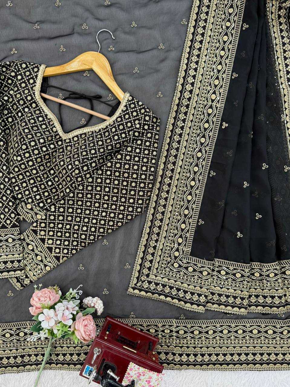 Black Designer Tabby Silk Saree with Sequins & Thread Work | Unstitched Blouse | House of ViDi