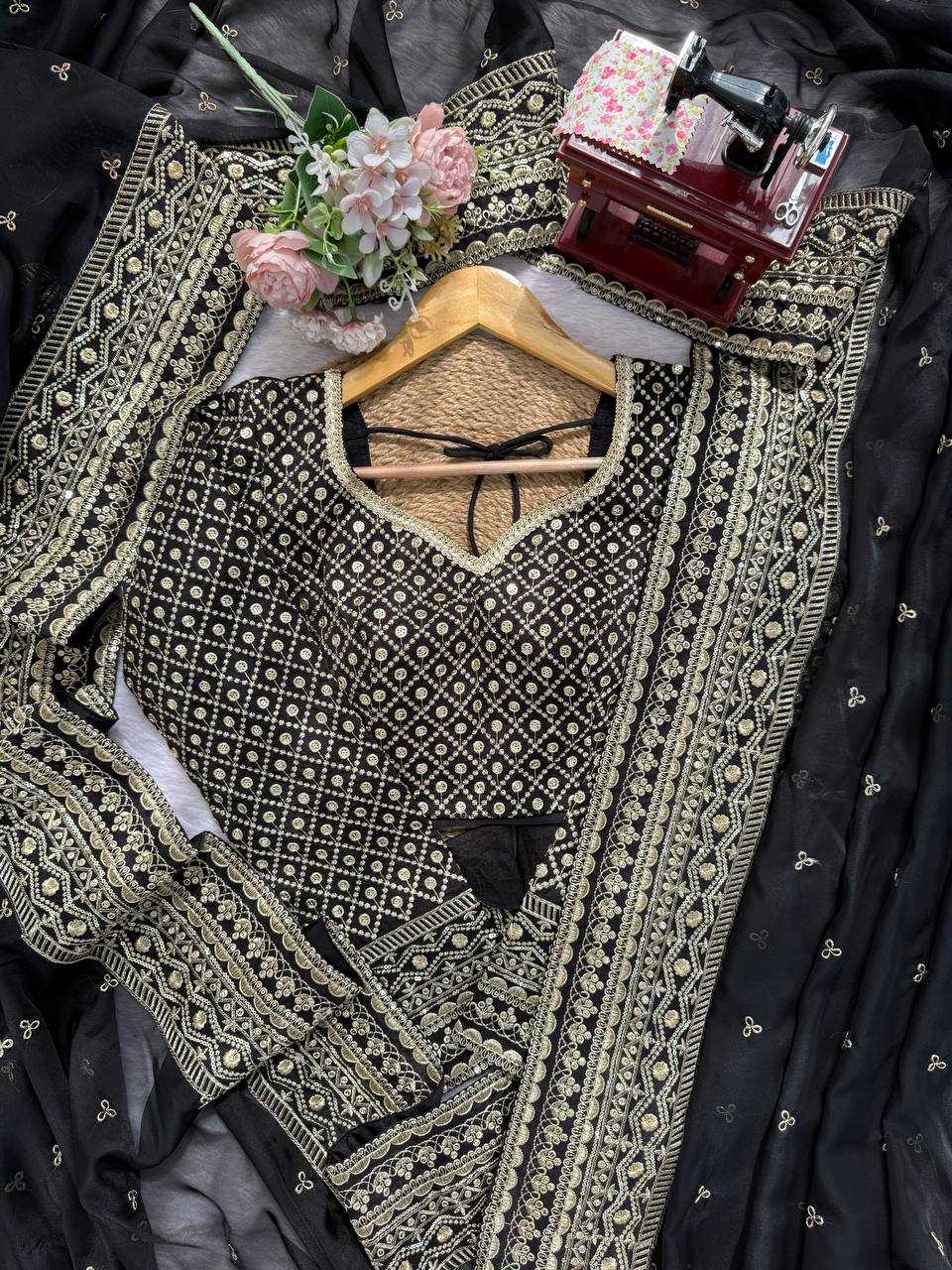 Black Designer Tabby Silk Saree with Sequins & Thread Work | Unstitched Blouse | House of ViDi