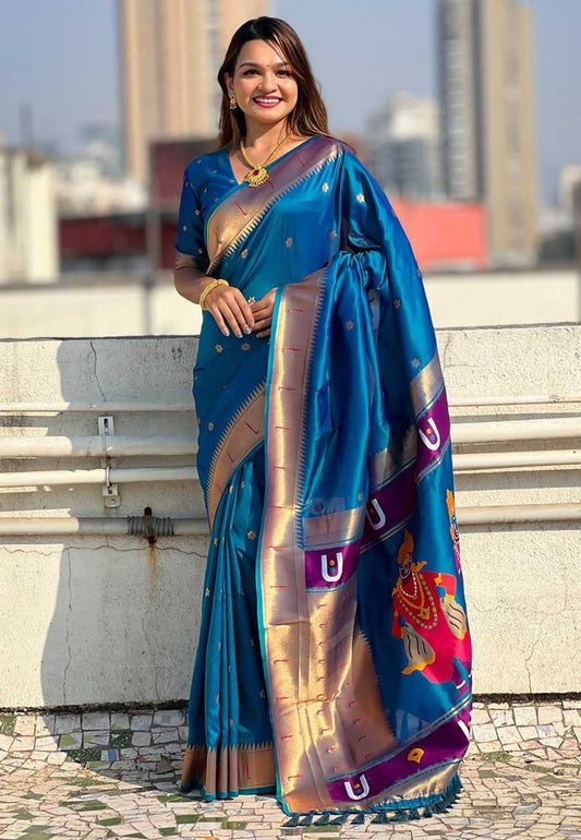 Vitthala Paithani Silk Saree with Muniya Border & Brocade Blouse – Traditional Wedding & Festive Wear [Peacock Blue] - House of ViDi