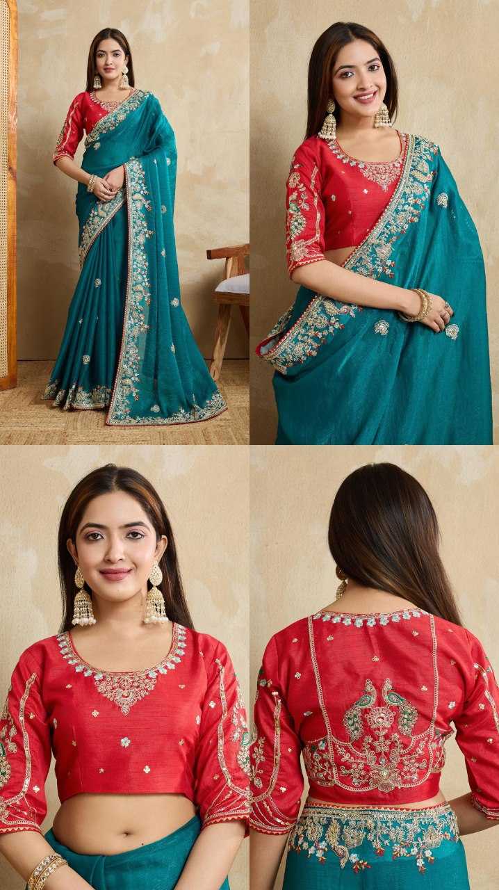 Premium Blue Fendy Chiffon Silk Saree with Heavy Embroidery & Mono Banglory Blouse – Perfect Wedding & Festive Wear