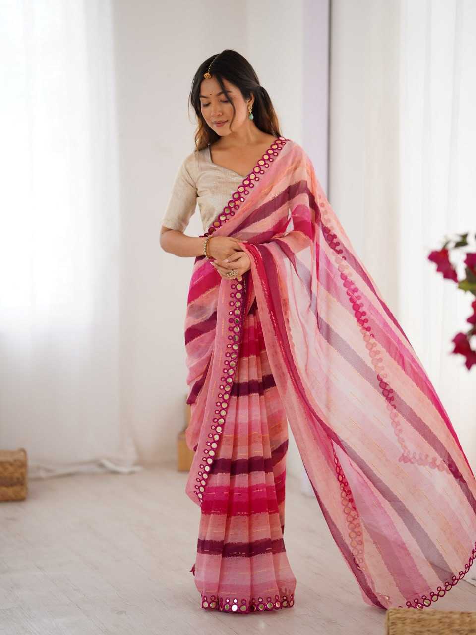 Pink Heavy Marble Chiffon Lehriya Print Saree with Zari & Mirror Border – Elegant Festive & Party Wear Saree