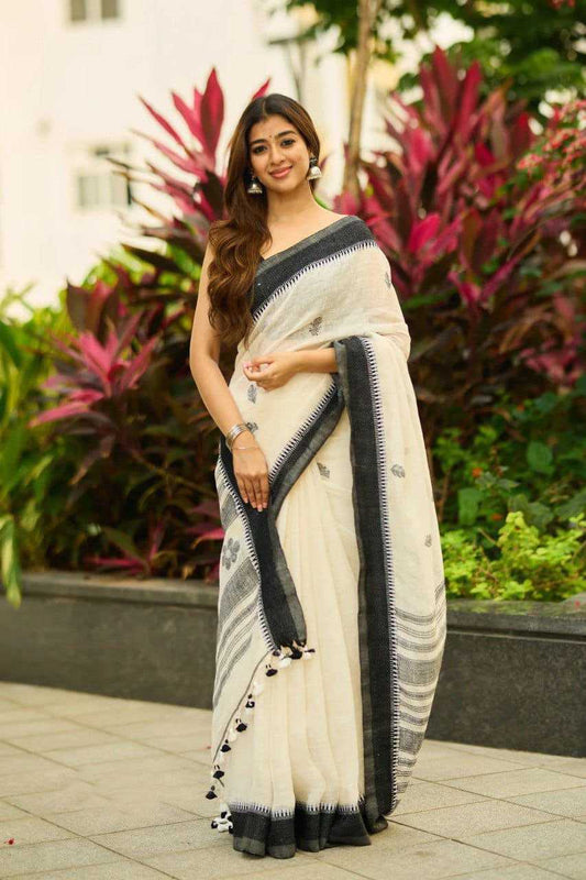Cream Premium Linen Cotton Digital Print Saree with Matching Blouse - House of ViDi