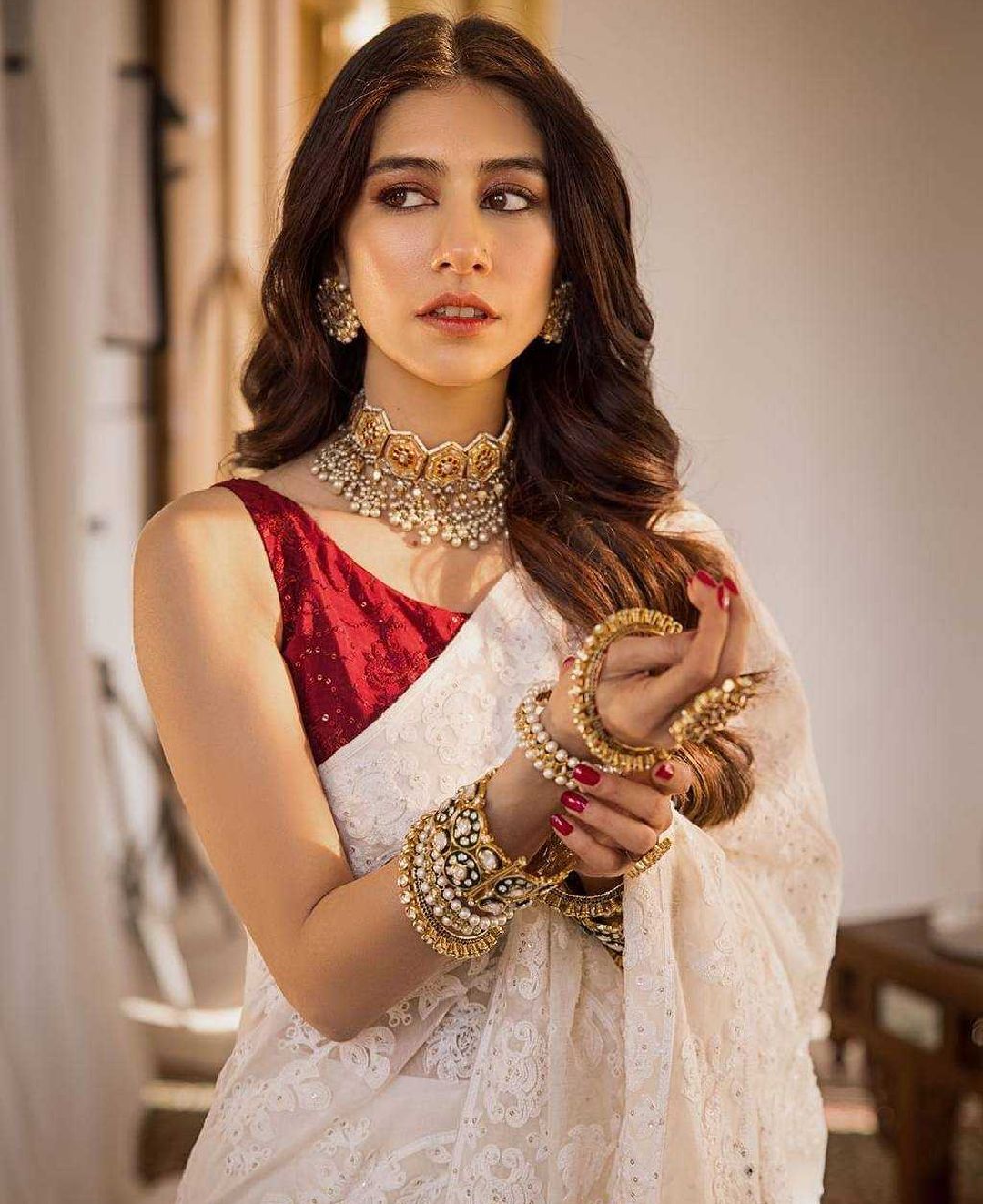 White Georgette Saree with Cotton Thread Chainstitch & Stone Handwork