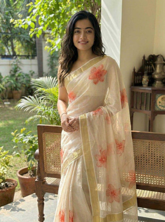 Rashmika Mandanna Inspired Banarasi Tissue Silk Saree [Golden Beige] - House of ViDi