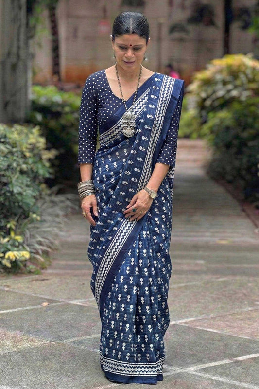 Navy Blue Pure Cotton Hand Block Printed Bagru Saree with Blouse - House of ViDi