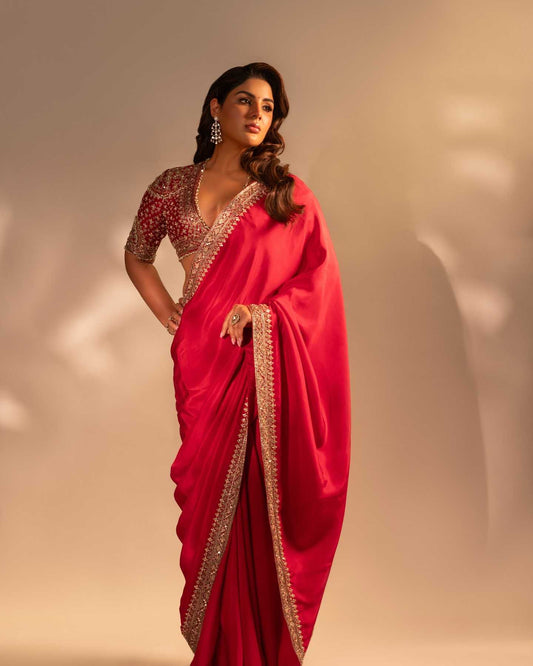 Red Rangoli Silk Party Wear Saree with Sequins & Embroidery Lace Border | Designer Fancy Saree