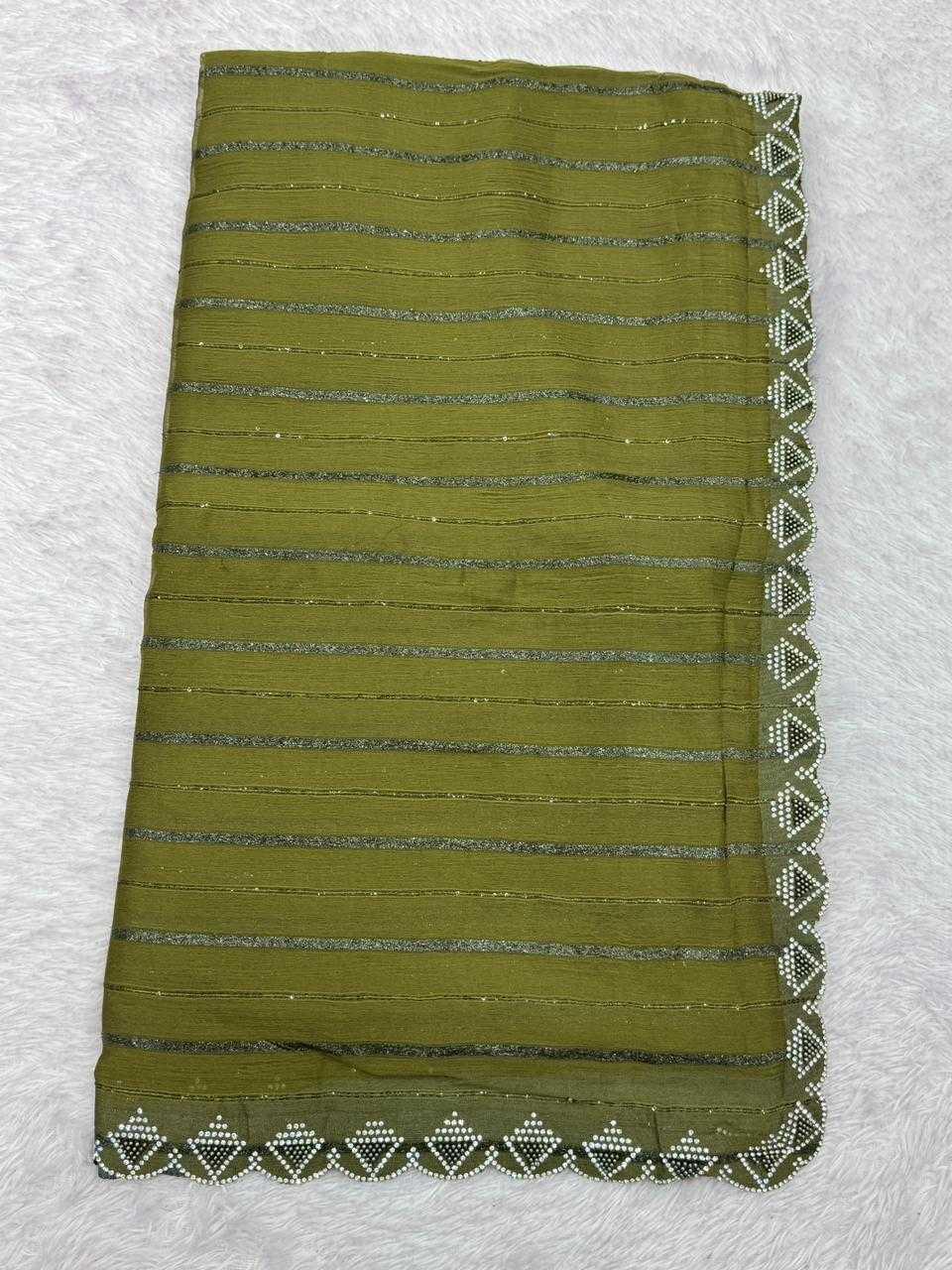 Green Fancy Dull Moss Crochet Work Saree with Cutwork Moti Border - House of ViDi