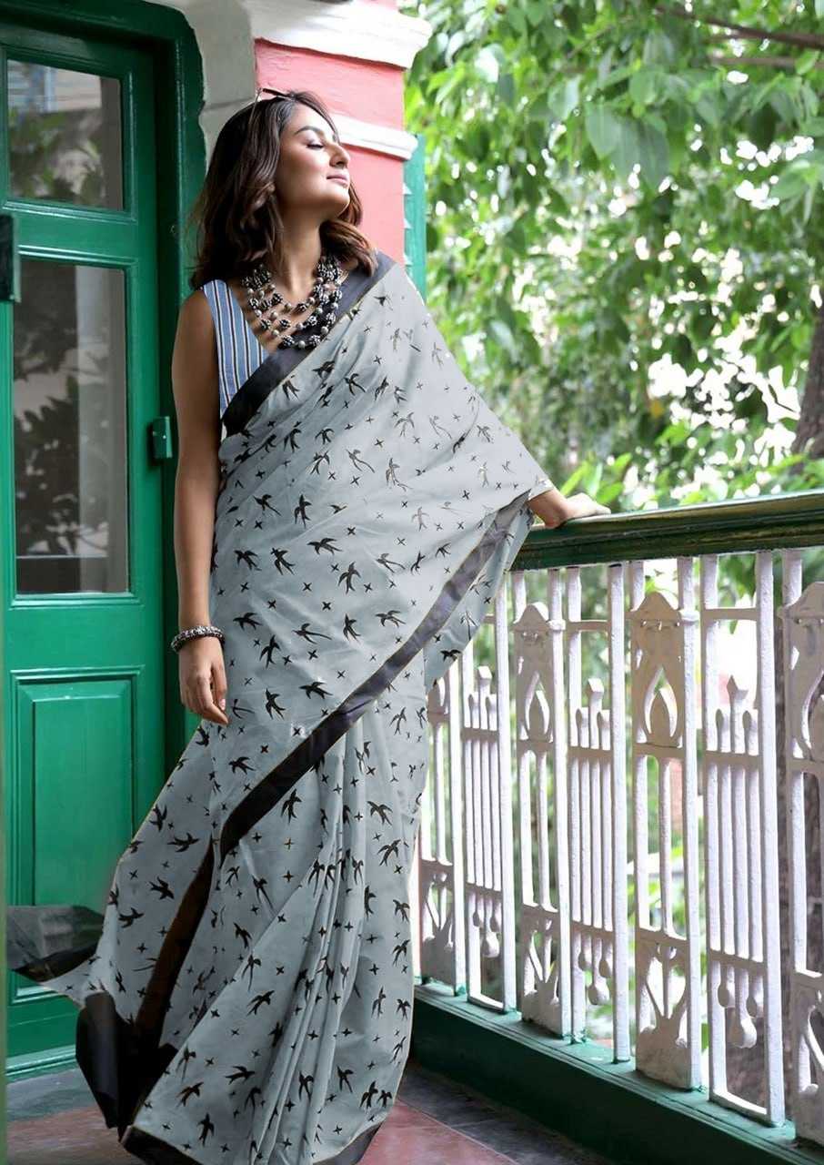 Office Wear Pure Cotton Block Print Saree – Soft Fabric with Unstitched Blouse [Grey] - House of ViDi