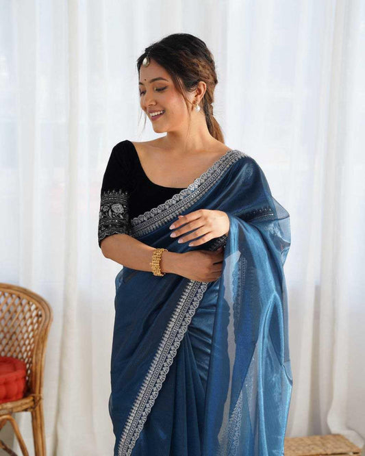 Elegant Lilac Twill Net Saree with 3mm Sequins & Rich Gold Zari Work [Blue] - House of ViDi