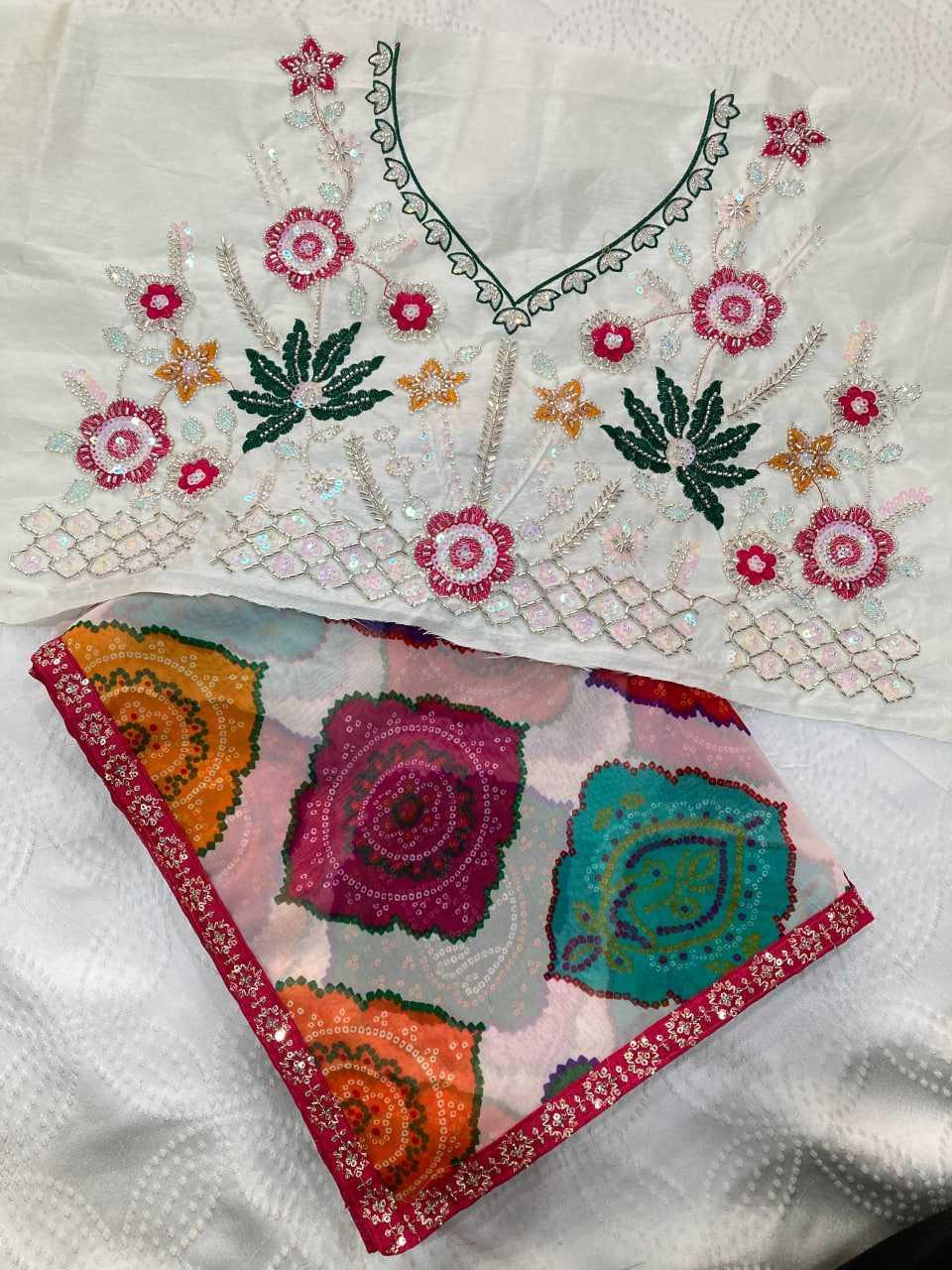 Printed Georgette Saree with Bandhej Print & Beaded Blouse [Off White] - House of ViDi