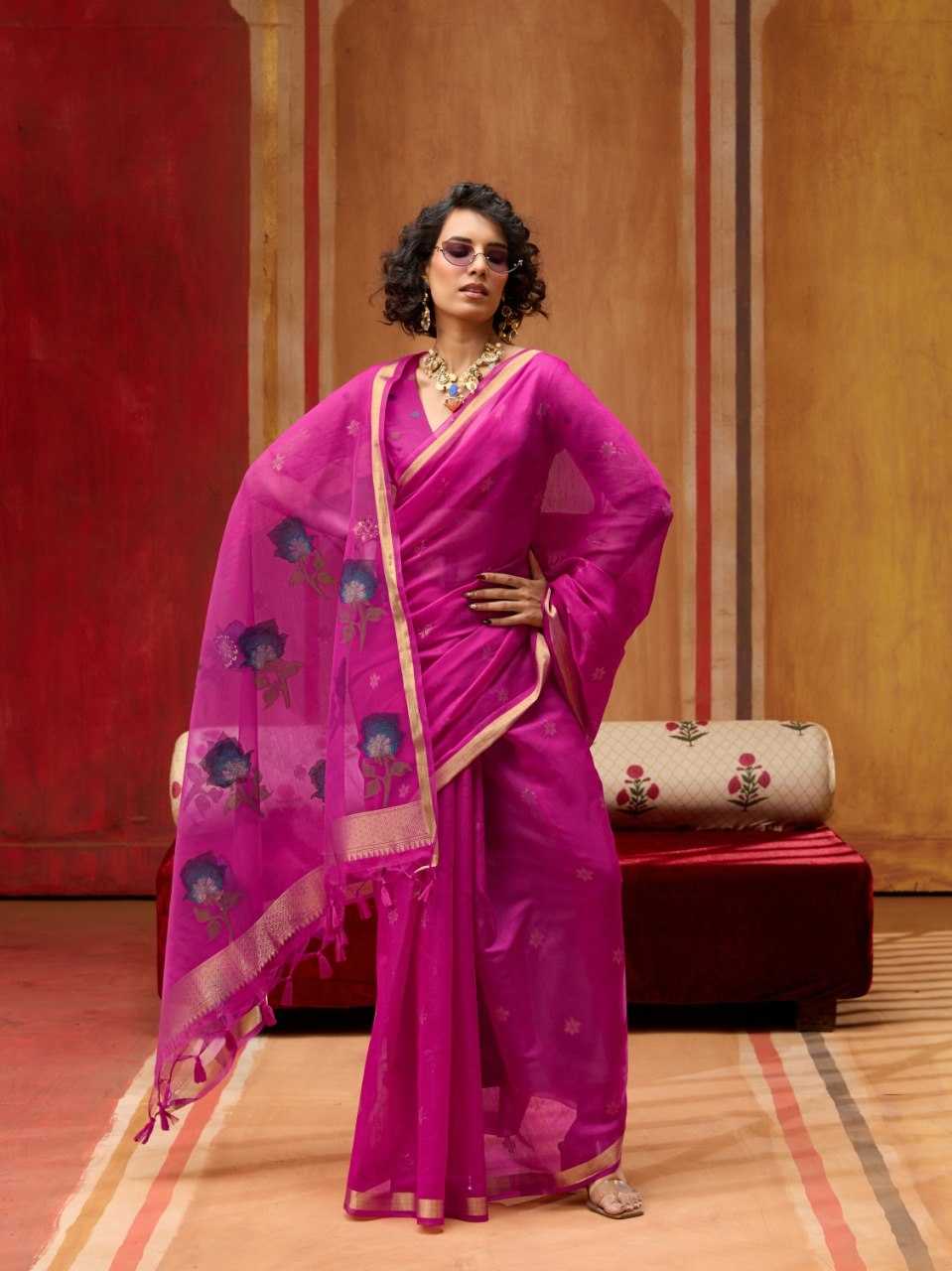 Pink Handloom Silk Saree with Organza Pallu & Woven Design - House of ViDi