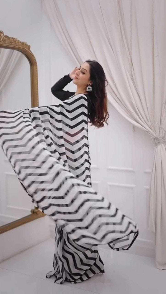 Black & White Printed Georgette Saree with Fancy Lace Border & Satin Blouse – Festive & Party Wear - House of ViDi