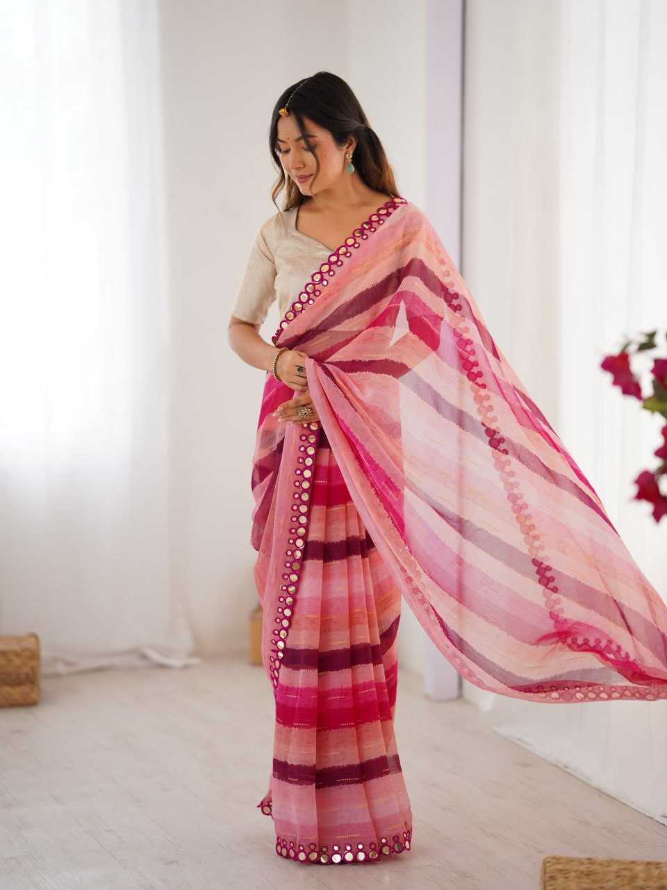Pink Heavy Marble Chiffon Lehriya Print Saree with Zari & Mirror Border – Elegant Festive & Party Wear Saree