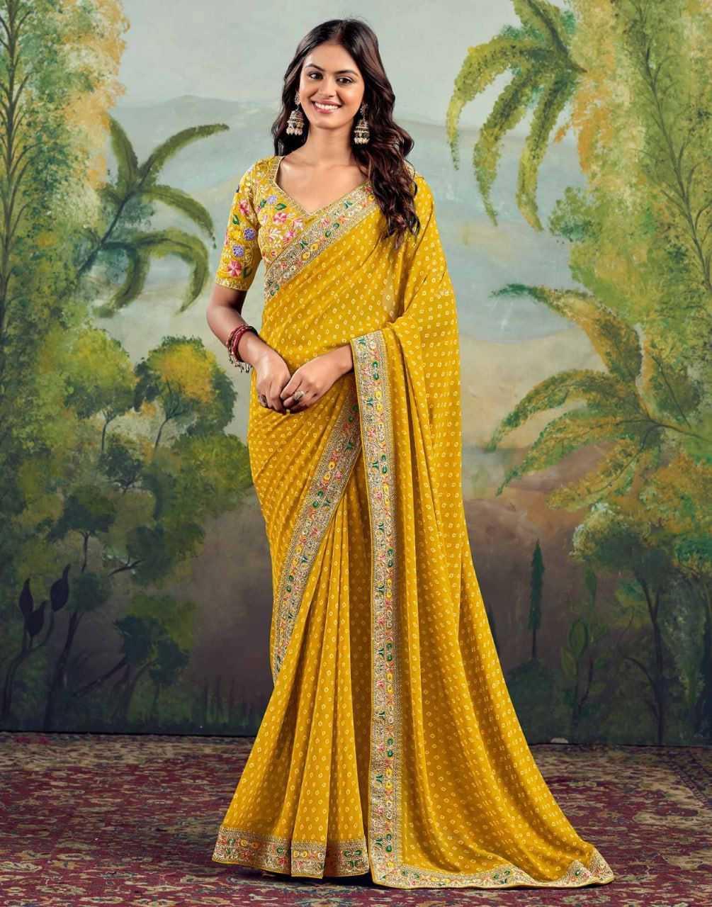 Yellow Printed Georgette Saree with Embroidery Lace Border & Designer Blouse - House of ViDi