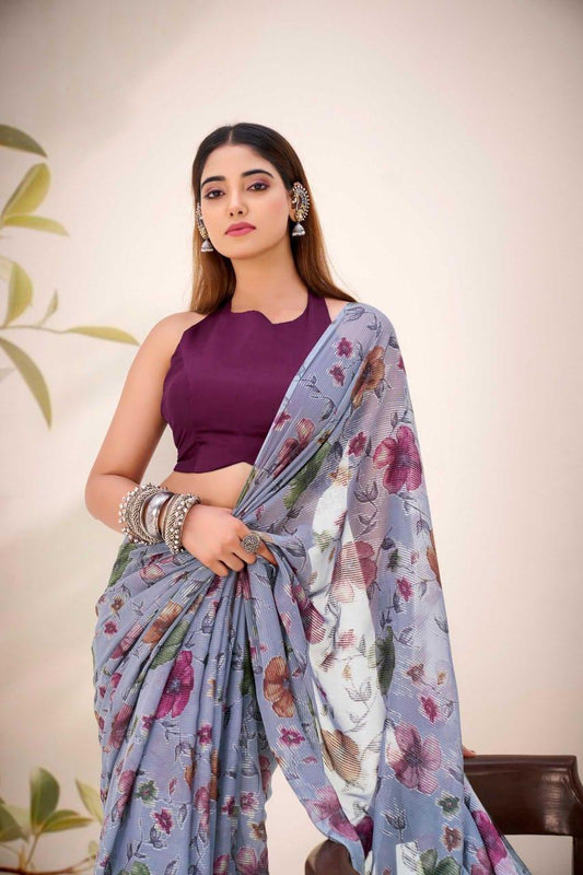 Lavendar Floral Viscose Brasso Designer Saree with Natural Silk Blouse | Festive Wear | House of ViDi - House of ViDi
