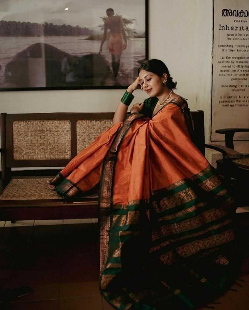 Orange Soft Lichi Silk Saree with Rich Pallu & All-Over Jacquard Weaving | Designer Traditional Silk Saree - House of ViDi