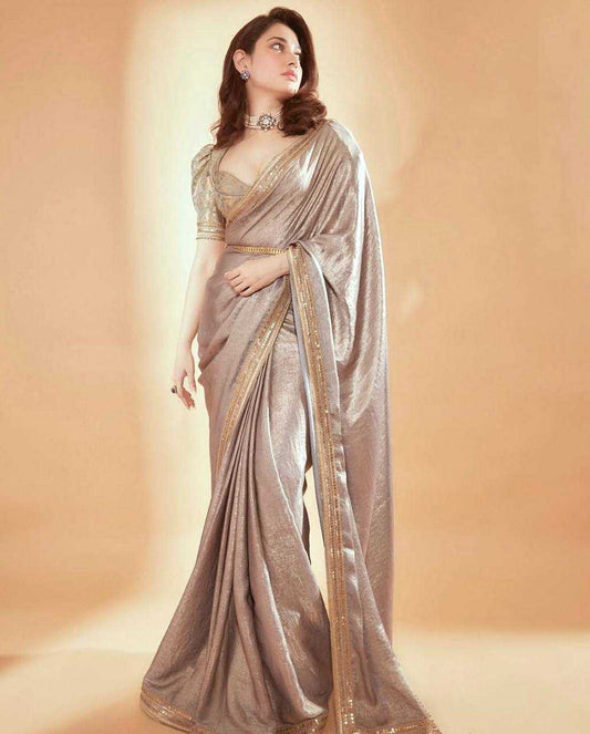 Tamannaah Bhatia Inspired Metallic Grey Chiffon Saree with Dual Sequin & Dori Embroidery - House of ViDi