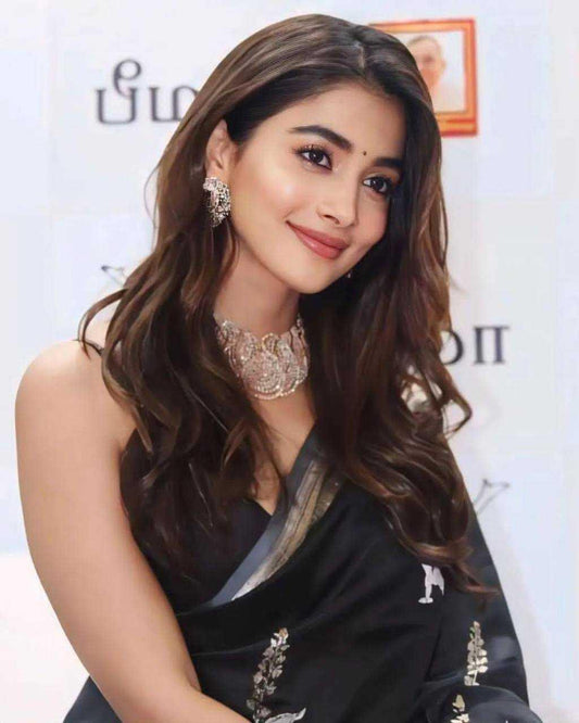 Pooja Hegde Soft Lichi Silk Saree with Jacquard Weaving – Celebrity-Inspired Elegance with Contrast Blouse [Black] - House of ViDi