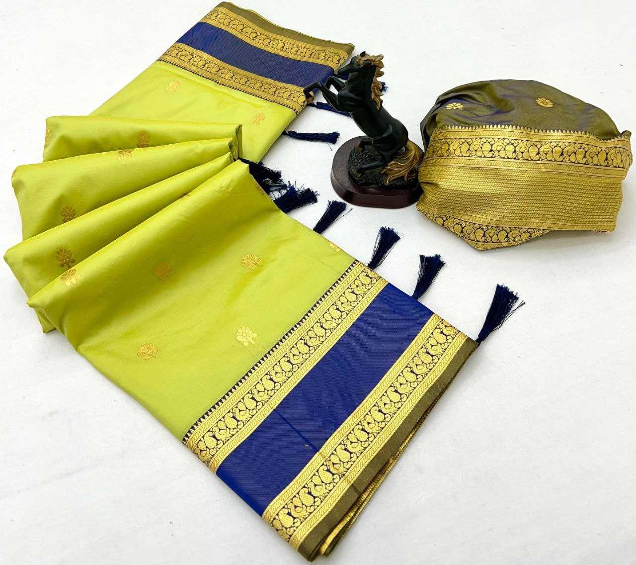 Lemon Premium Soft Silk Kanjeevaram Saree with Dual Zari Butta, Rich Woven Pallu & Designer Silk Blouse - House of ViDi
