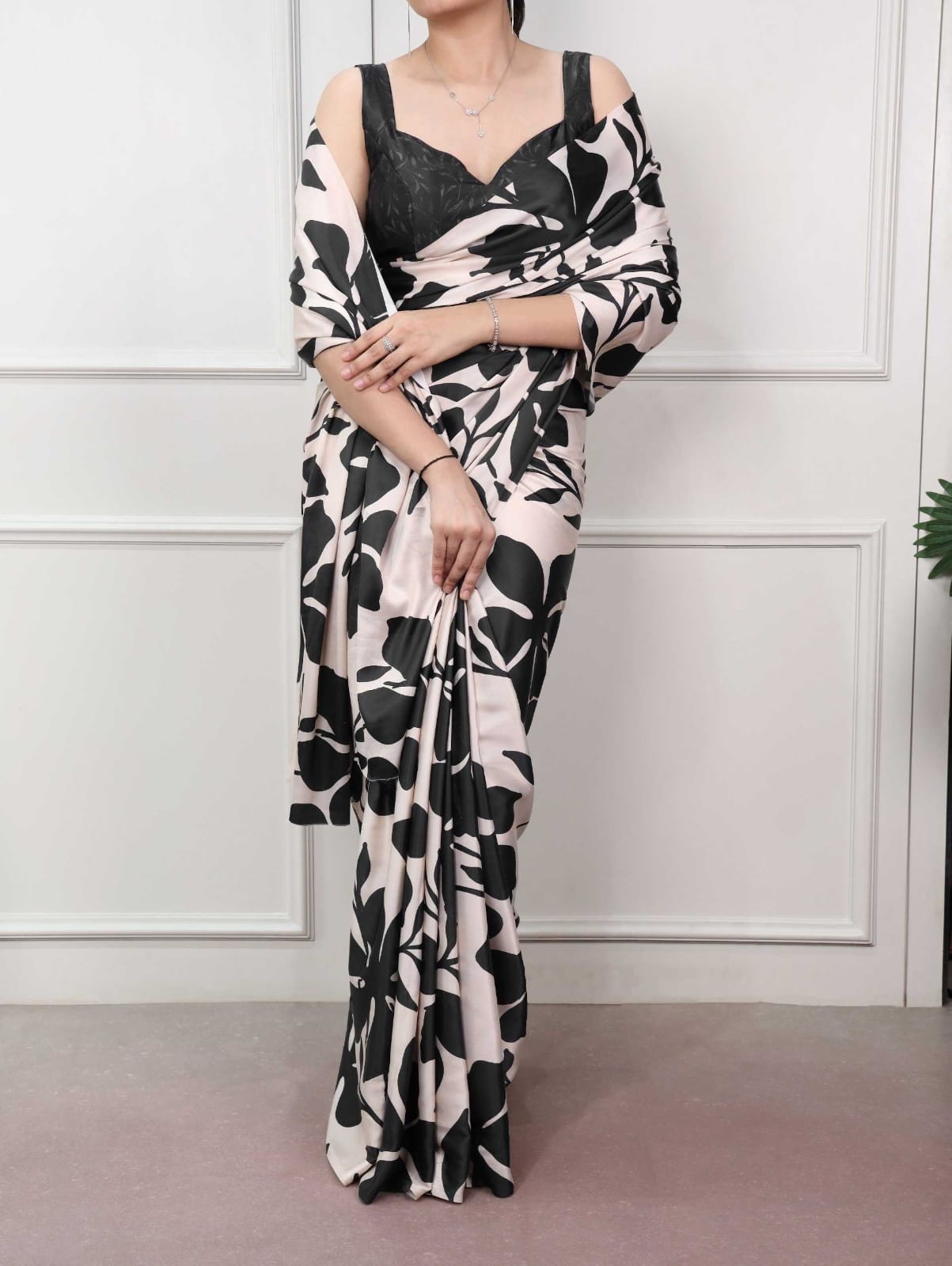 Black Satin Silk Printed Saree with Designer Blouse - House of ViDi