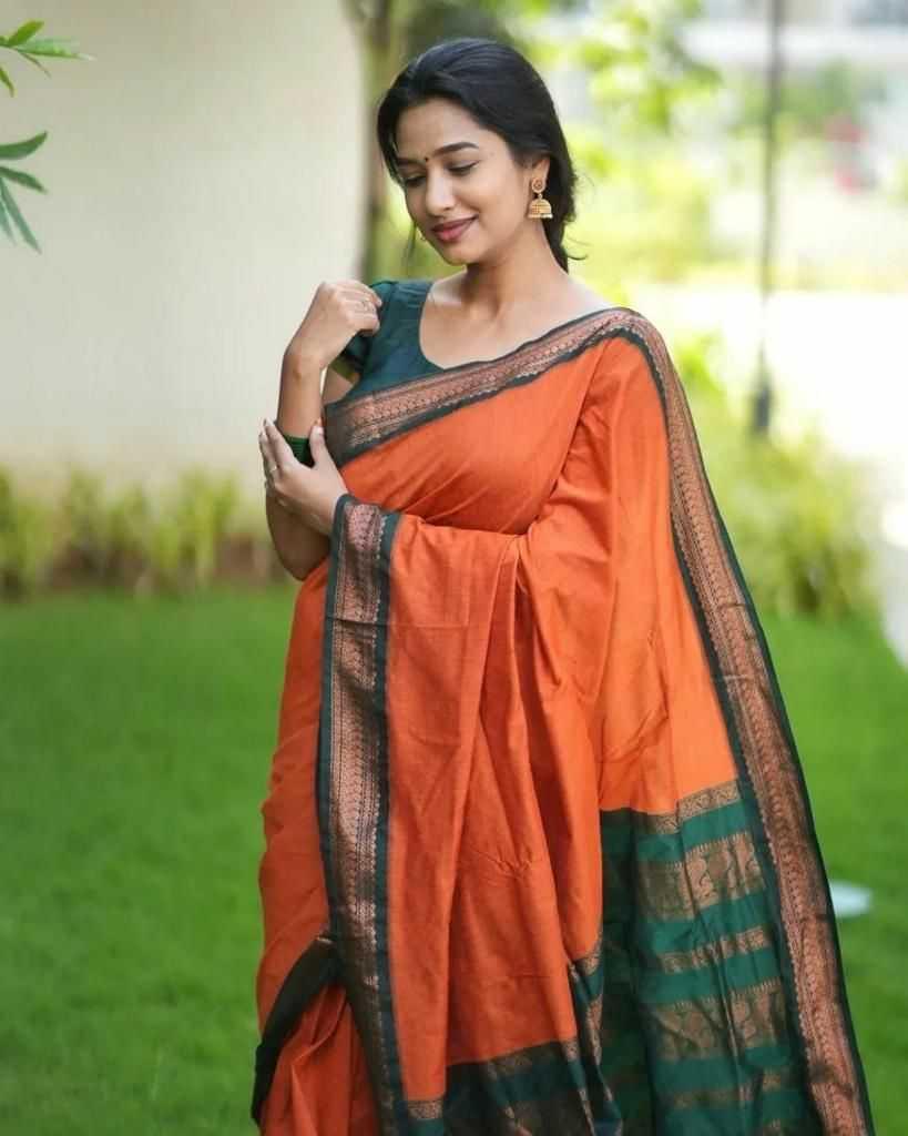 Orange Soft Lichi Silk Saree with Rich Pallu & All-Over Jacquard Weaving | Designer Traditional Silk Saree - House of ViDi