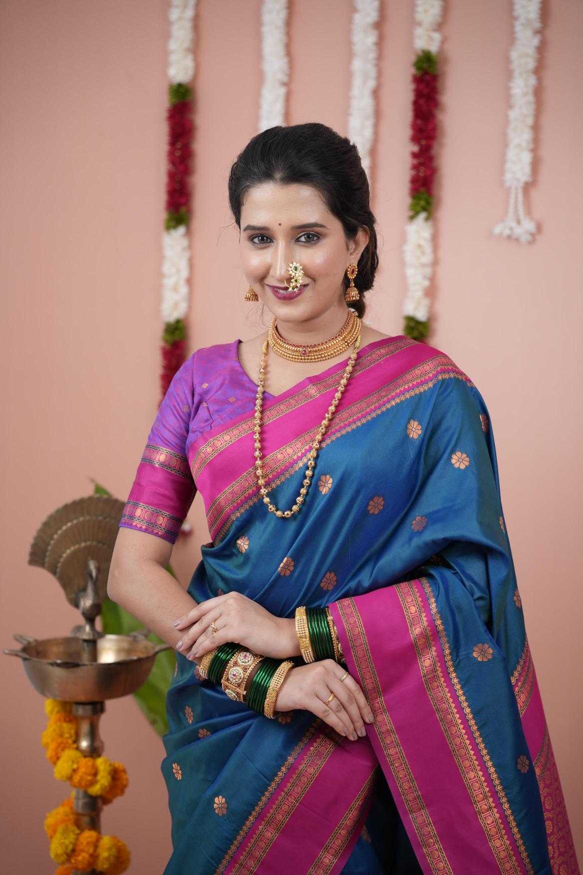 Narayanpet Soft Silk Saree with Zari Motifs & Contrast Pallu – Narayan Border & Contrast Blouse [Peacock Blue] - House of ViDi