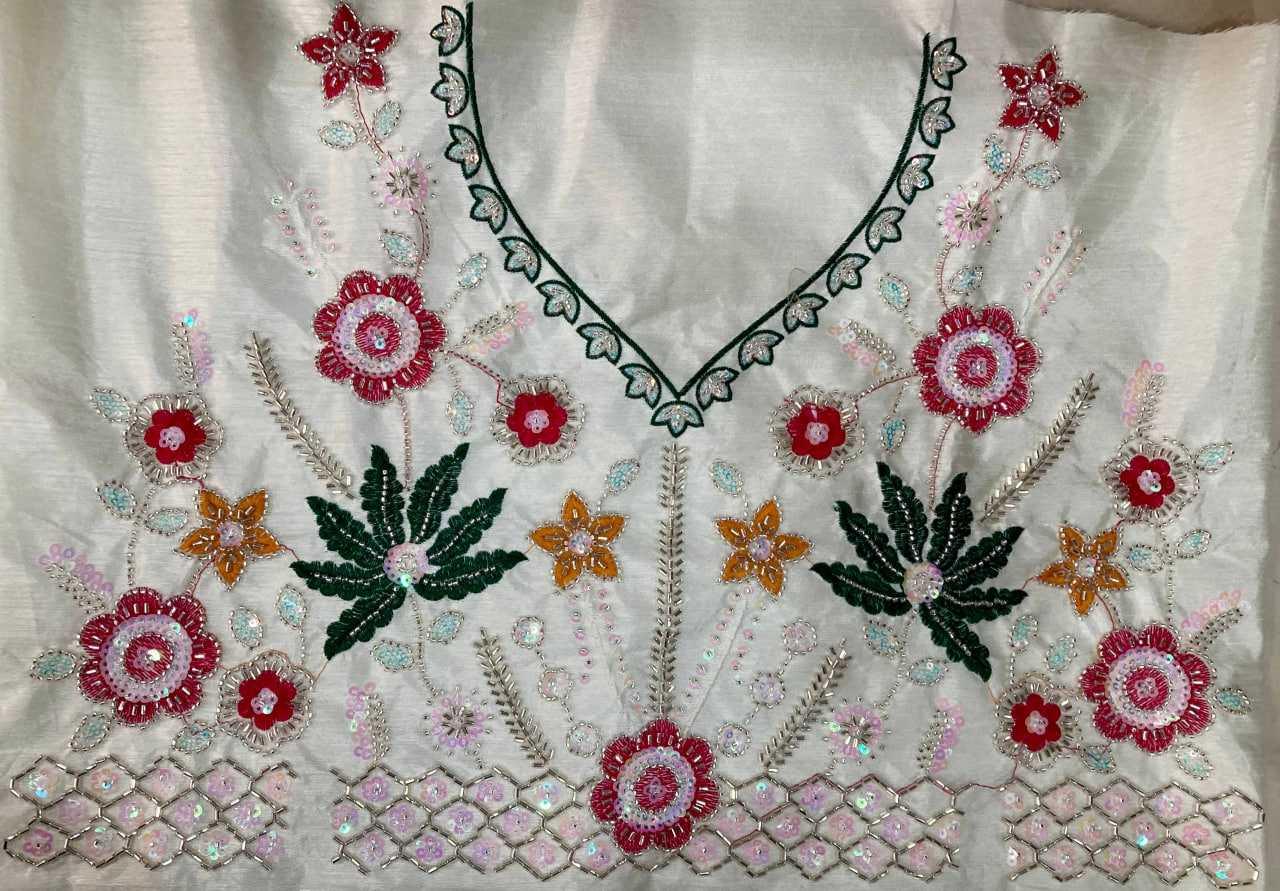 Printed Georgette Saree with Bandhej Print & Beaded Blouse [Off White] - House of ViDi