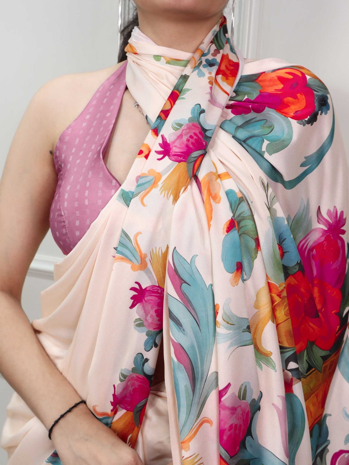 Cream Satin Silk Printed Saree with Designer Blouse - House of ViDi