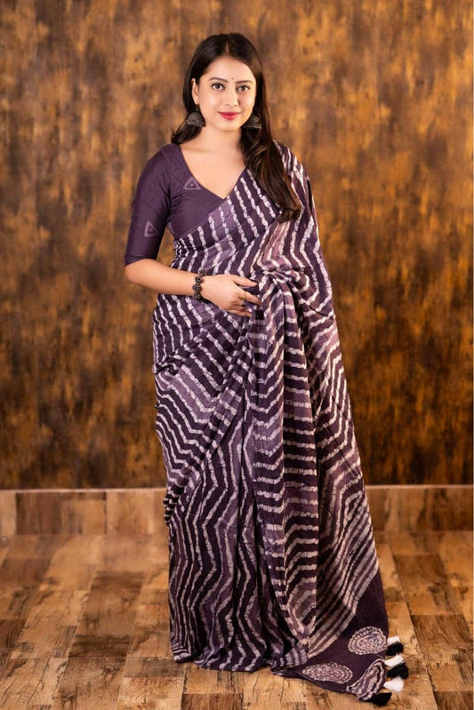 Purple Chanderi Cotton Bagru Batik Printed Saree with Zig Zag Motifs & Tassel Pallu | House of ViDi