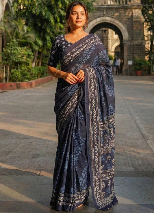 Navy Blue Pure Cotton Hand Block Print Bagru Saree with Blouse - House of ViDi
