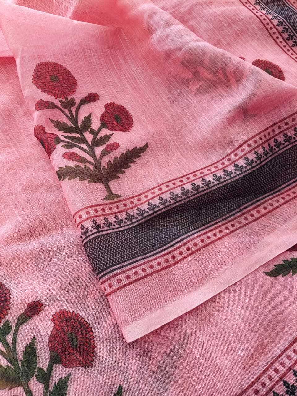 Printed Linen Festive Saree with Digital Blouse [Blush Pink] - House of ViDi
