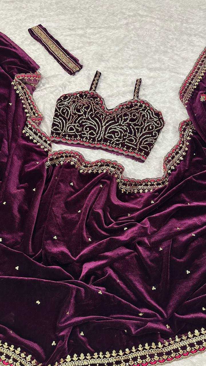 Wine Velvet Saree with Sequins, Dori & Thread Work + Velvet Blouse & Belt | Party Wear Saree | House of ViDi