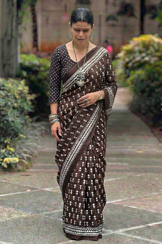 Brown Pure Cotton Hand Block Printed Bagru Saree with Blouse - House of ViDi