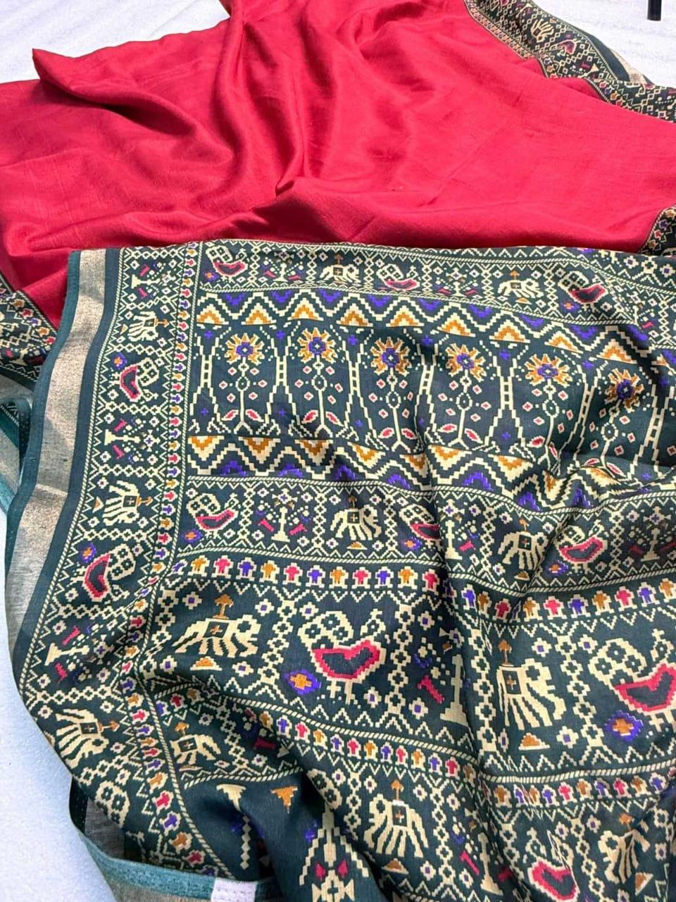 Deep Red Cotton Linen Leheriya Saree with Patola & Bandhani Pallu – Mulmul Cotton with Blouse - House of ViDi
