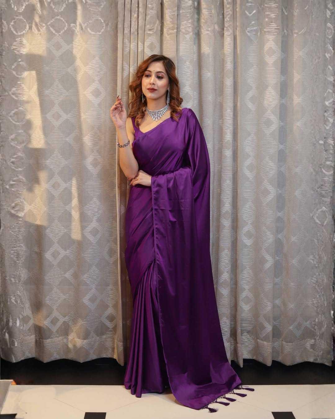 Purple Premium Party Wear Crepe Silk Saree with Matching Blouse - House of ViDi