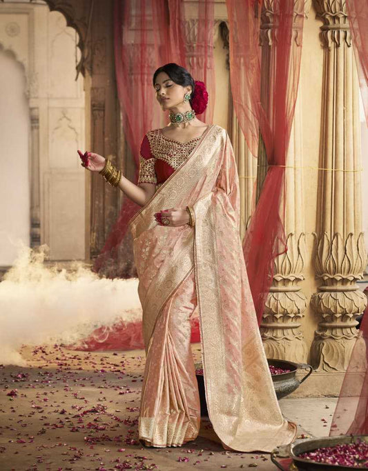 Peach Pure Satin Designer Saree with Lace Border & Heavy Embroidered Contrast Blouse | Party & Traditional Wear