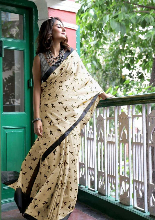 Office Wear Pure Cotton Block Print Saree – Soft Fabric with Unstitched Blouse [Cream] - House of ViDi