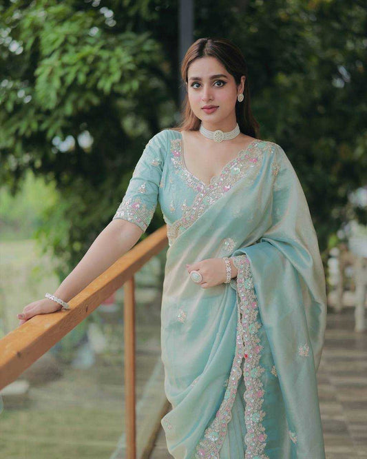 Ayesha Khan Inspired Embroidered Space Silk Saree with Multicolour Sequins – Party Wear with Designer Blouse - House of ViDi
