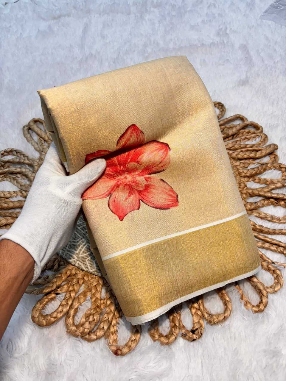 Rashmika Mandanna–Inspired Soft Banarasi Tissue Silk Saree with Zari & Thread Work | Designer Saree with Blouse [Golden Beige]