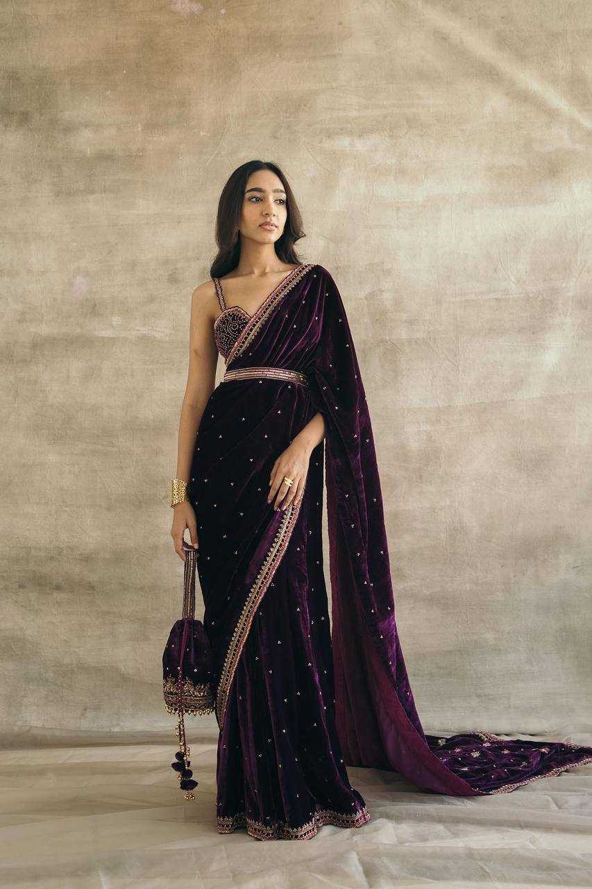 Wine Velvet Saree with Sequins, Dori & Thread Work + Velvet Blouse & Belt | Party Wear Saree | House of ViDi