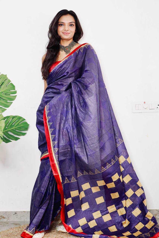 Pure Cotton Bagru Bandhani Hand Block Print Saree with Contrast Red Blouse – Elegant Party & Festive Wear [Midnight Blue] - House of ViDi