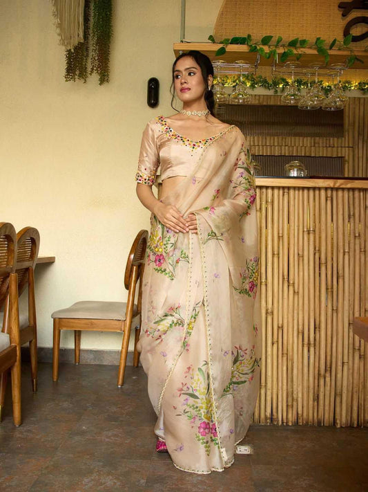 Beige Tabby Silk Printed Saree with Handwork & Blouse - House of ViDi