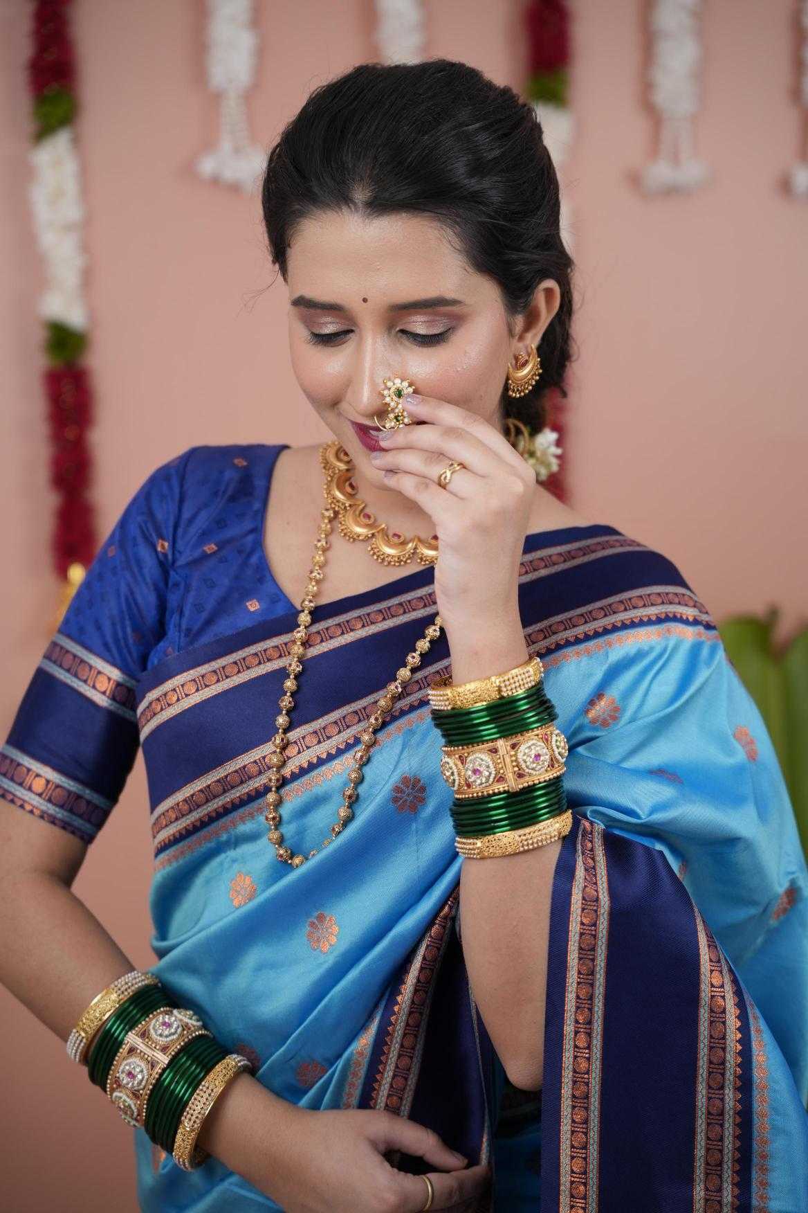 Narayanpet Soft Silk Saree with Zari Motifs & Contrast Pallu – Narayan Border & Contrast Blouse [Sky Blue] - House of ViDi