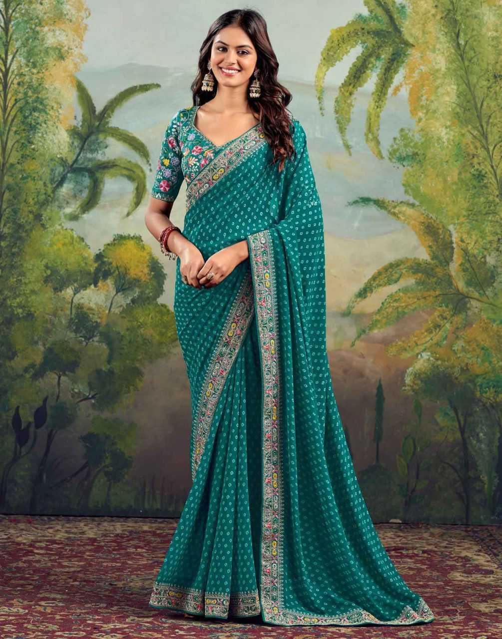 Rama Green Printed Georgette Saree with Embroidery Lace Border & Designer Blouse - House of ViDi
